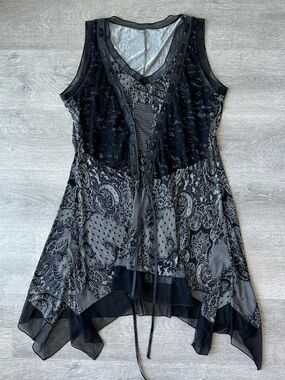 VNTG French Whimsigoth Lace-Up mini dress with tie sleeveless by QHT